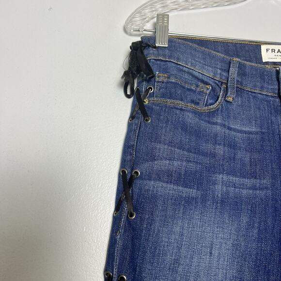 NWT FRAME Women’s Jeans Sz 27 Le Skinny De Lace-Up Raw Ankle Hem Dark Wash - Picture 8 of 15